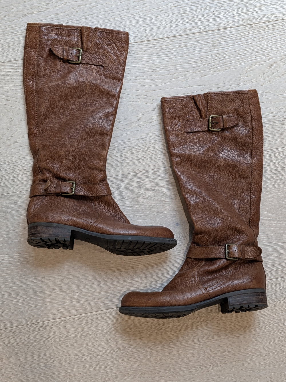 Franco Sarto Brown Leather Knee-High Buckle Boots